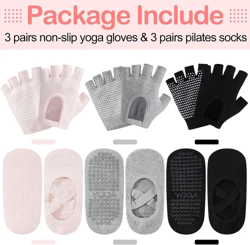 Miniatura 2 de Shihanee 6 pares de guantes de yoga antideslizantes para pilates, con agarre para mujer, guantes de silicona con agarre de puntos, calcetines sin