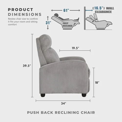 Miniatura 5 de Lexicon Sillón Reclinable de Pana con Respaldo Empujable Sillón Butaca Reclinable de Empuje hacia Atrás, Marco de Madera Sólida y Base de Metal