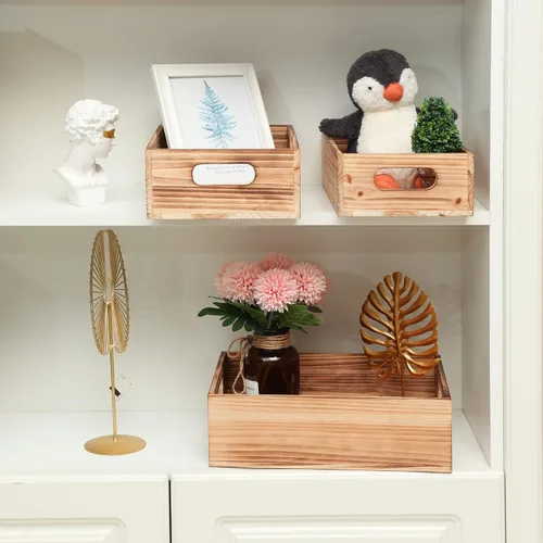 Miniatura 9 de PHOENANCEE Cajas de madera para exhibición, cajas decorativas rústicas de almacenamiento, juego de 3, caja anidable de madera con asas, cesta