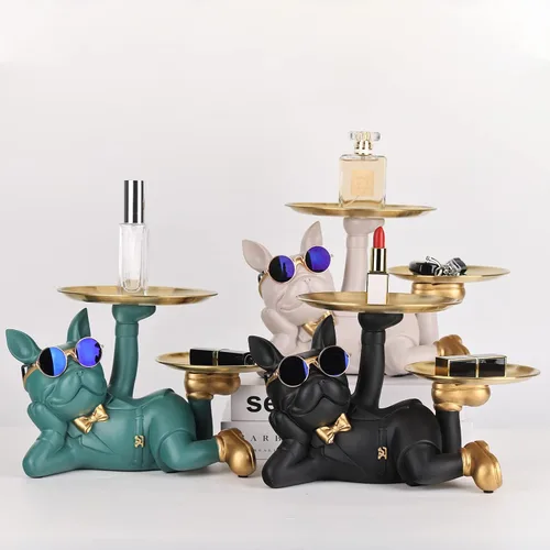 Miniatura 8 de Estatua de bandeja de Bulldog Oliruim - Mayordomo Bulldog con bandeja de almacenamiento para soporte de llaves de entrada, soporte de anillos, plato