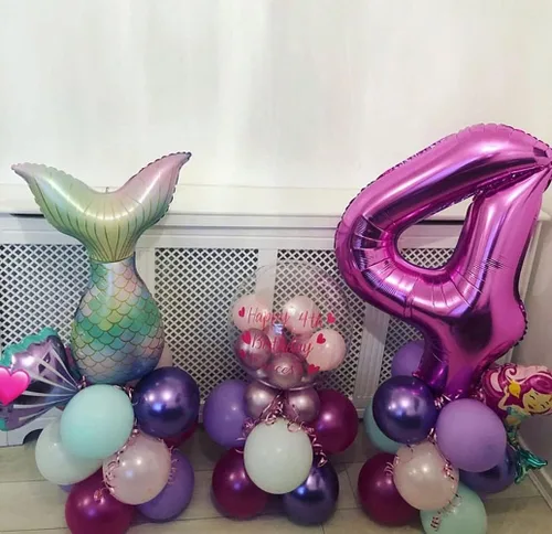 Miniatura 4 de 7 globos de sirena con números para fiesta de cumpleaños de 1, 2, 3, suministros de decoración de cola de sirena para niñas (número 0)