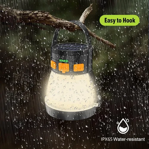 Miniatura 7 de Paquete de 2 linternas LED para campamento, 1500 lúmenes, linterna de campamento recargable con carga de panel solar, impermeable, 8 modos de luz