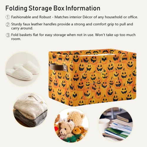 Miniatura 5 de Cesta de almacenamiento sin costuras de Halloween, bolsa organizadora plegable de tela de calabaza amarilla con asas, 15 x 11 x 9.5 pulgadas