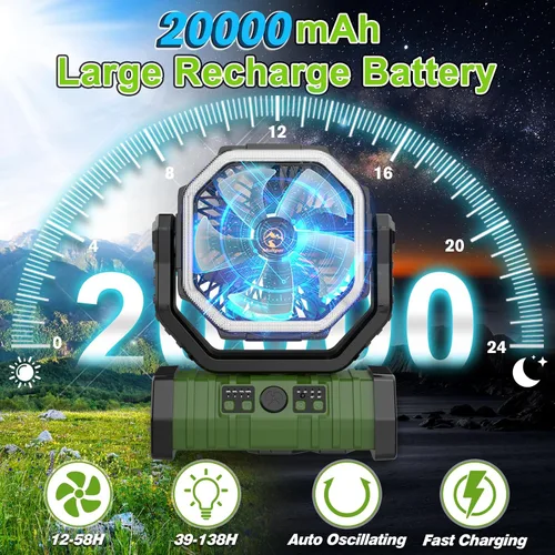 Miniatura 2 de Ventilador de campamento recargable de 20000 mAh, ventilador portátil oscilante automático para acampar con control remoto y linterna LED