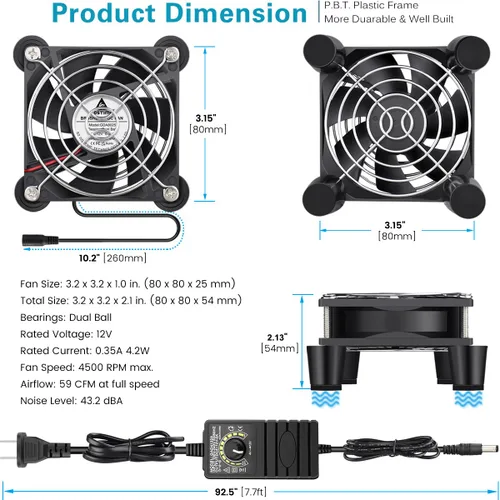 Miniatura 5 de GDSTIME Ventilador de ordenador de 80 mm x 25 mm con enchufe AC, controlador de velocidad variable de 100V-240V para enfriamiento de componente