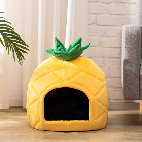 Miniatura 7 de Hollypet Cama para gatos autocalentable para gatitos, cabaña, nido de mascotas, cama para dormir para gatos de interior, amarillo, cueva de piña