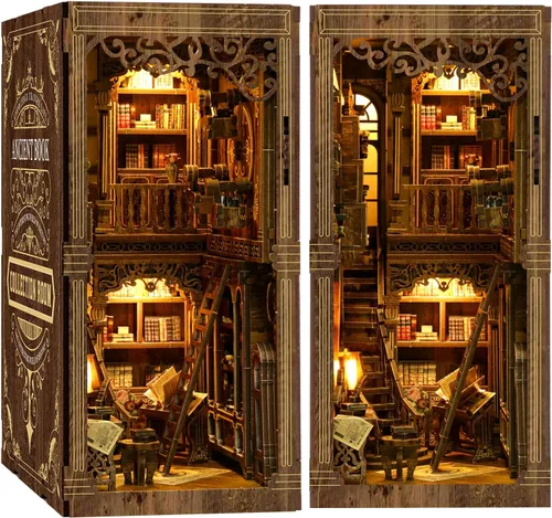 Miniatura 7 de Kit de rincón de libro para adultos, kit de construcción de casa de muñecas en miniatura, rompecabezas de madera 3D con sensor de luz LED
