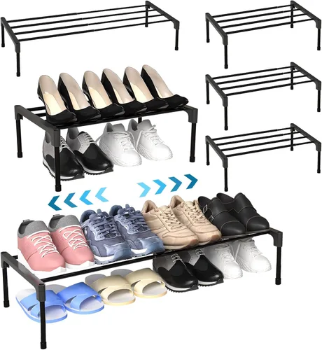 Miniatura 10 de Teenyyou 2 zapateros ampliables de 17 a 30 pulgadas, estante ajustable de metal de 1 nivel, organizador apilable negro para gabinete, entrada