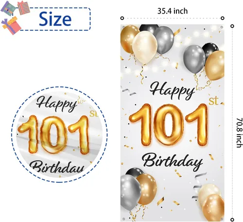 Miniatura 2 de Cartel de feliz cumpleaños número 101 – Cubierta de puerta de fiesta de cumpleaños número 101 para mujeres y hombres – Saludos a 101 años