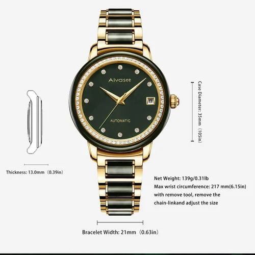 Miniatura 5 de Aivasee Reloj automático de diamantes de lujo para mujer con correa de acero inoxidable chapada en oro y jade negro para mujer, reloj de pulsera