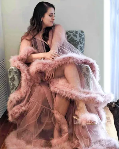 Miniatura 2 de Changuan Sexy pluma bata larga piel tul maternidad sesión de fotos vestido nupcial bata lencería ropa de dormir