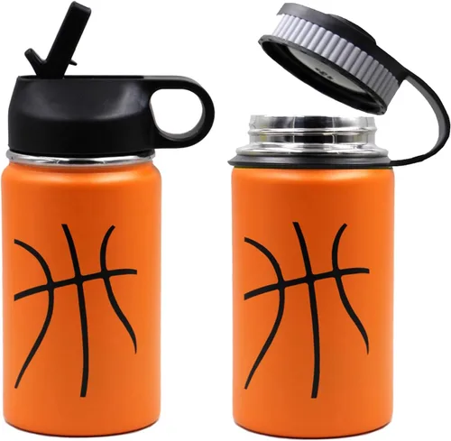 Miniatura 5 de Botella de agua de baloncesto de 12 onzas, botella de agua deportiva aislada al vacío de acero inoxidable con popote y 2 tapas, botella de agua