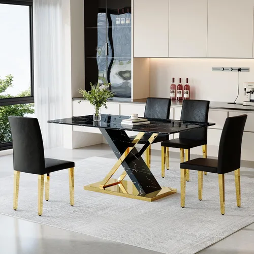 YUNDREAM - Juego de mesa de comedor moderna de mármol para 4, mesa de comedor de oro negro de 63 pulgadas con marco cromado en forma de X y sillas