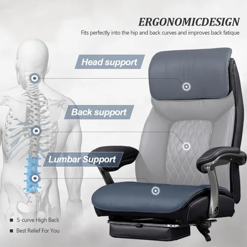 Miniatura 4 de Silla de oficina grande y alta, silla de oficina ejecutiva de asiento ancho con soporte lumbar y reposacabezas, silla de escritorio ergonómica