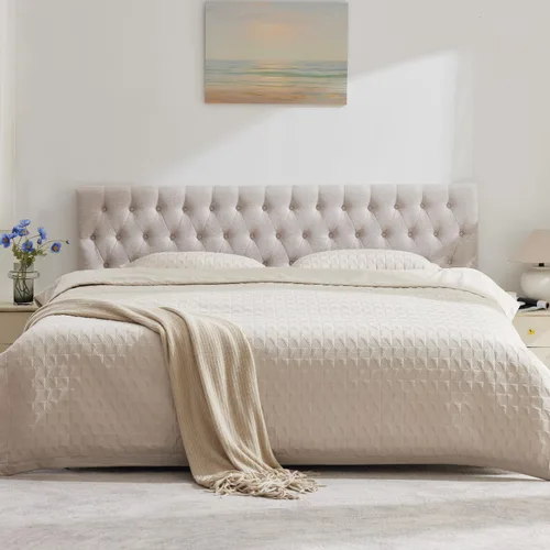 Miniatura 26 de Kingfun Cabeceras con diseño moderno de botones, cabecera de cama tapizada y acolchada de tela de lino premium, cabecera de madera maciza ajustable