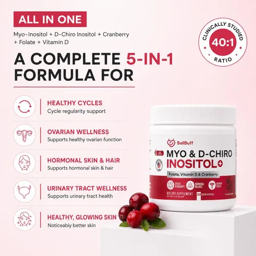 Miniatura 2 de Myo-inositol y D-Chiro Inositol en polvo - Proporción 40:1 con folato, vitamina D y arándano - Suplemento de inositol para mujeres - Suministro
