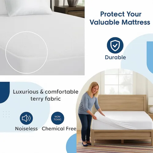Miniatura 5 de Protector de colchón 100% impermeable tamaño individual, funda de rizo de algodón de alta calidad con bolsillos profundos elásticos, lavable a