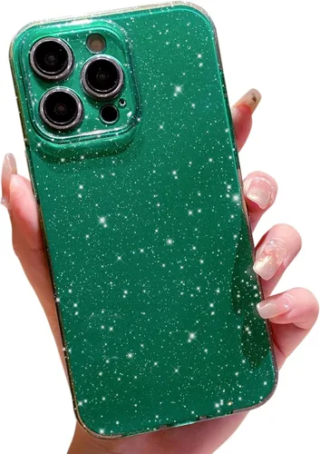 OWLSTAR Bonita funda con purpurina para iPhone 15 Pro Max de 6.7 pulgadas, funda protectora suave y delgada para mujeres y niñas (verde alpino)