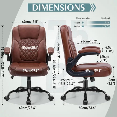 Miniatura 3 de Silla de cuero PU con soporte ergonómico lumbar, gira 360°, pequeña, ruedas, reposabrazos ajustables, para gente chaparra, para escritorio, Marrón