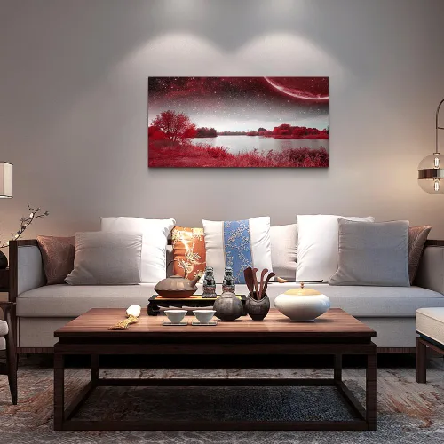 Miniatura 2 de Arte de pared para sala de estar, lagos rojos y árboles bajo el cielo estrellado, pintura de paisaje rojo, decoración de pared para oficina, 20 x 40