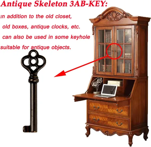 Miniatura 4 de Llave de esqueleto de barril hueco antiguo KY-3AB (4 piezas) para puertas de gabinete, cajones de aparador, relojes de abuelo, antiguo, vintage