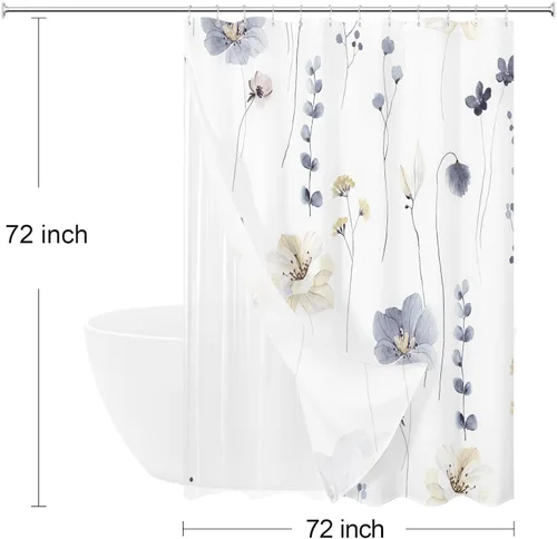 Miniatura 7 de Gibelle Juego de cortina de ducha 3 en 1, cortina de baño floral de acuarela gris y forro de PEVA con 12 ganchos de acero de doble cara, cortina