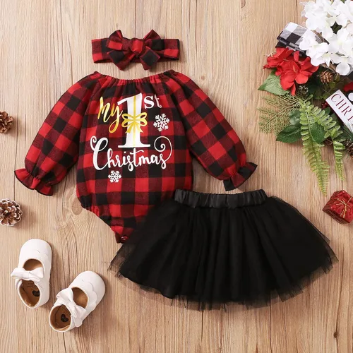 Miniatura 2 de Baby Girls Christmas Dress with Bow Headband Red Plaid Dress Long Sleeve Tulle Tutu Princess Party Dress Winter Clothes