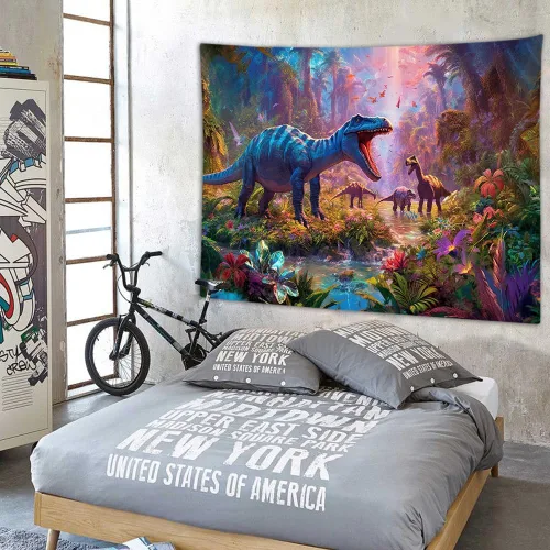 Miniatura 4 de Póster decorativo de dinosaurio para dormitorio de niños, genial animal antiguo T-Rex, tapiz de arte forestal para colgar en la pared
