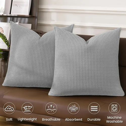 Miniatura 3 de PHF Funda de almohada 100% algodón con tejido de gofre, 18 x 18 pulgadas, sin relleno, paquete de 2 elegantes fundas de almohada cuadradas Gris claro