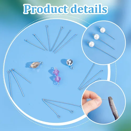 Miniatura 4 de PH PandaHall 560 alfileres de ojo de acero inoxidable 304 de 8 estilos de 1.181 in, 1.575 in y 1.969 in, 22 calibres de cabeza de bola de calibre