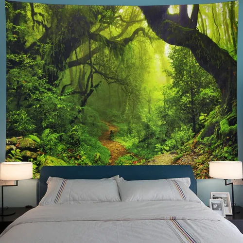 Miniatura 2 de Leofanger Tapiz de bosque brumoso, tapiz de pared de árbol verde natural, paisaje de selva tropical, para colgar en la pared para dormitorio, sala