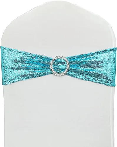 Bandas para Sillas con Lentejuelas Elásticas Lazos de Spandex Poliéster para Fiestas Hotel Bodas Banquetes Decoración - 6 Piezas Aqua | Sparkling