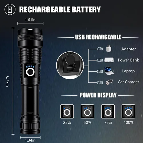 Miniatura 3 de Paquete de 4 linternas recargables de alto lúmenes, linterna súper brillante de 9000000 lúmenes, luz de flash potente ajustable con cable USB, 5
