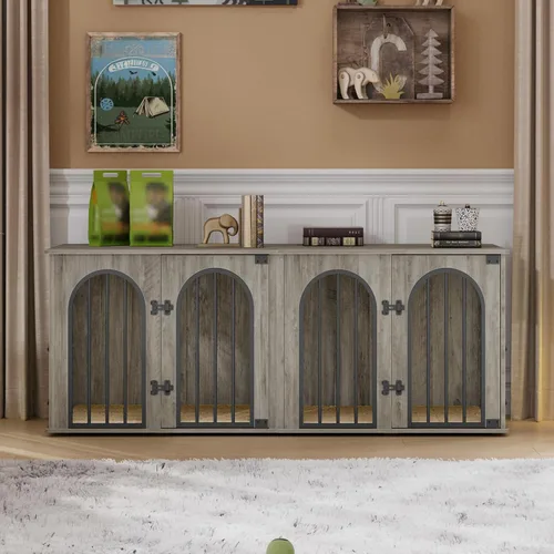 Miniatura 3 de Hzuaneri Mueble jaula para perros de 63" para 2 perros, soporte de TV para perrera de interior resistente, jaula de madera L con divisor para perros