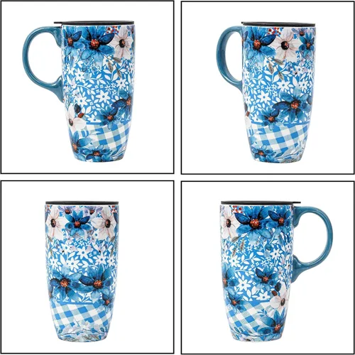 Miniatura 9 de Taza de viaje de cerámica Topadorn con asa y tapa deslizante resistente a salpicaduras, adecuada para café y té, apta para microondas y Azul