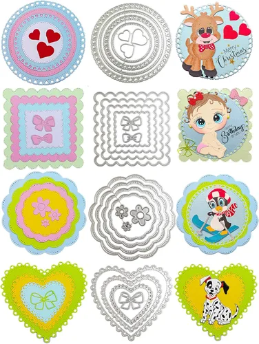 4 juegos de troqueles de corte para hacer tarjetas, círculos, corazones, cuadrados, de metal, troquelados, herramienta de álbumes de recortes,