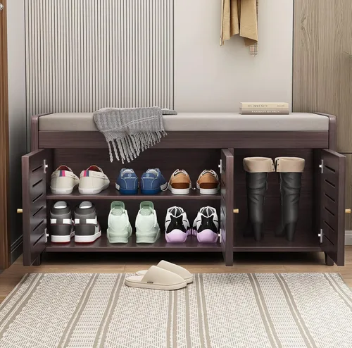 Miniatura 3 de Banco de almacenamiento de zapatos de bambú con tres puertas y cojín de asiento acolchado para entrada, zapatero (marrón)