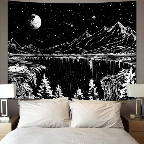 Miniatura 2 de Zussun Tapiz blanco y negro con noche estrellada, tapices de montaña para dormitorio, estética de luna y estrellas, tapiz para colgar en la pared