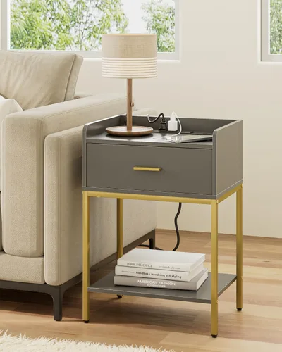 Miniatura 16 de Mesita de noche, mesita de noche moderna de 3 niveles, mesita de noche con cajón de almacenamiento y estante, mesa auxiliar pequeña para dormitorio