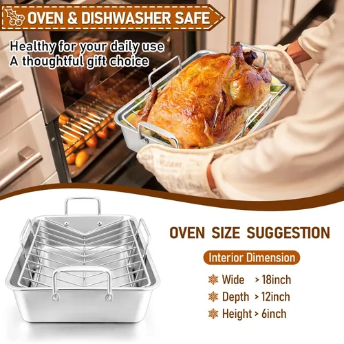 Miniatura 6 de Sartén para asar con estante para pavo y pollo, sartén para asar de acero inoxidable Joyfair y estante en V para horno tostador, utensilio de horneo