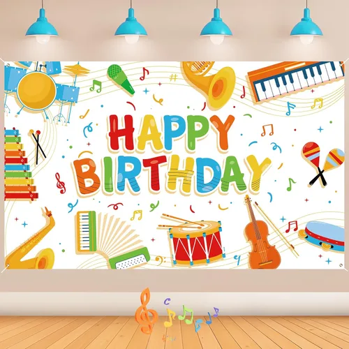 Cartel de notas musicales para niños, decoración de feliz cumpleaños, instrumento musical, fondo de fiesta de rock and roll para niños y niñas,