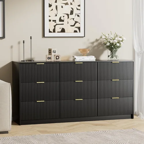 Miniatura 7 de Furniway - Cómoda color negro para habitación, moderna, 9 cajones y deslizadores suaves, cómoda ancha con jaladeras doradas para sala o armario