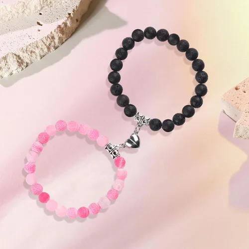 Miniatura 55 de 2 pulseras magnéticas para parejas, piedra natural negra mate, cristal para votos de amor eterno, juego de pulseras de cuentas de piedra de energía