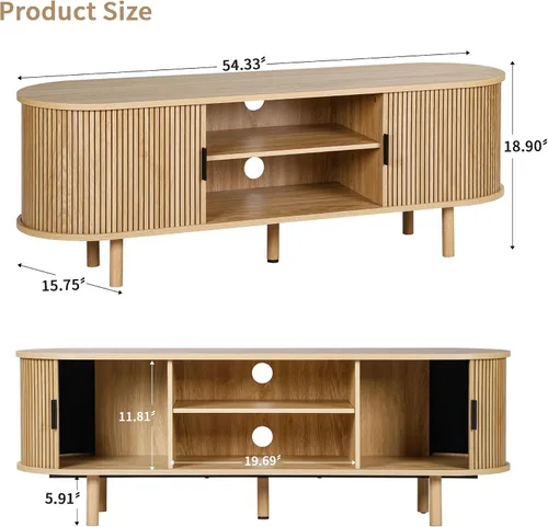 Miniatura 2 de Janmer Home Soporte de TV acanalado de 54 pulgadas con almacenamiento, consola de TV moderna de mediados de siglo con puertas correderas Tambour