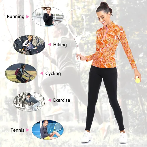 Miniatura 93 de WOWENY Camiseta deportiva de manga larga para mujer, con cremallera de un cuarto, cuello para entrenamiento, camiseta de tenis con estampado
