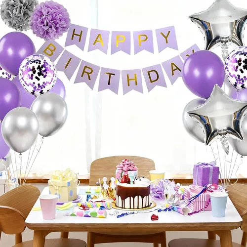 Miniatura 7 de Decoraciones de cumpleaños para niñas púrpura y plata Lavanda fiesta decoración Kit para ella mujer incluyendo feliz cumpleaños Banner pompón flor