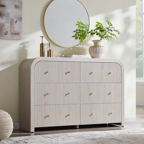 Miniatura 10 de T4TREAM Cómoda acanalada con 3 cajones, cómoda moderna de 32 pulgadas de alto con diseño de perfil curvado grueso, organizador de almacenamiento
