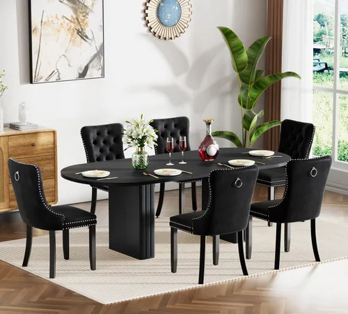 Miniatura 21 de Juego de 4 mesas de comedor extensibles, mesa de comedor ovalada negra y 4 sillas de comedor de terciopelo negro con patas de madera, juego de mesa