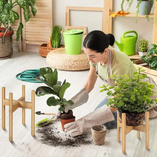 Miniatura 7 de Paquete de 2 soportes de bambú para plantas, soporte ajustable para plantas de interior, soporte moderno de mediados de siglo, soporte para plantas