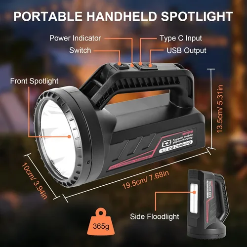 Miniatura 8 de Linterna LED recargable, linterna de camping portátil de 4800 mAh, 7 modos de luz e impermeable, proyector de mano súper brillante para emergencias